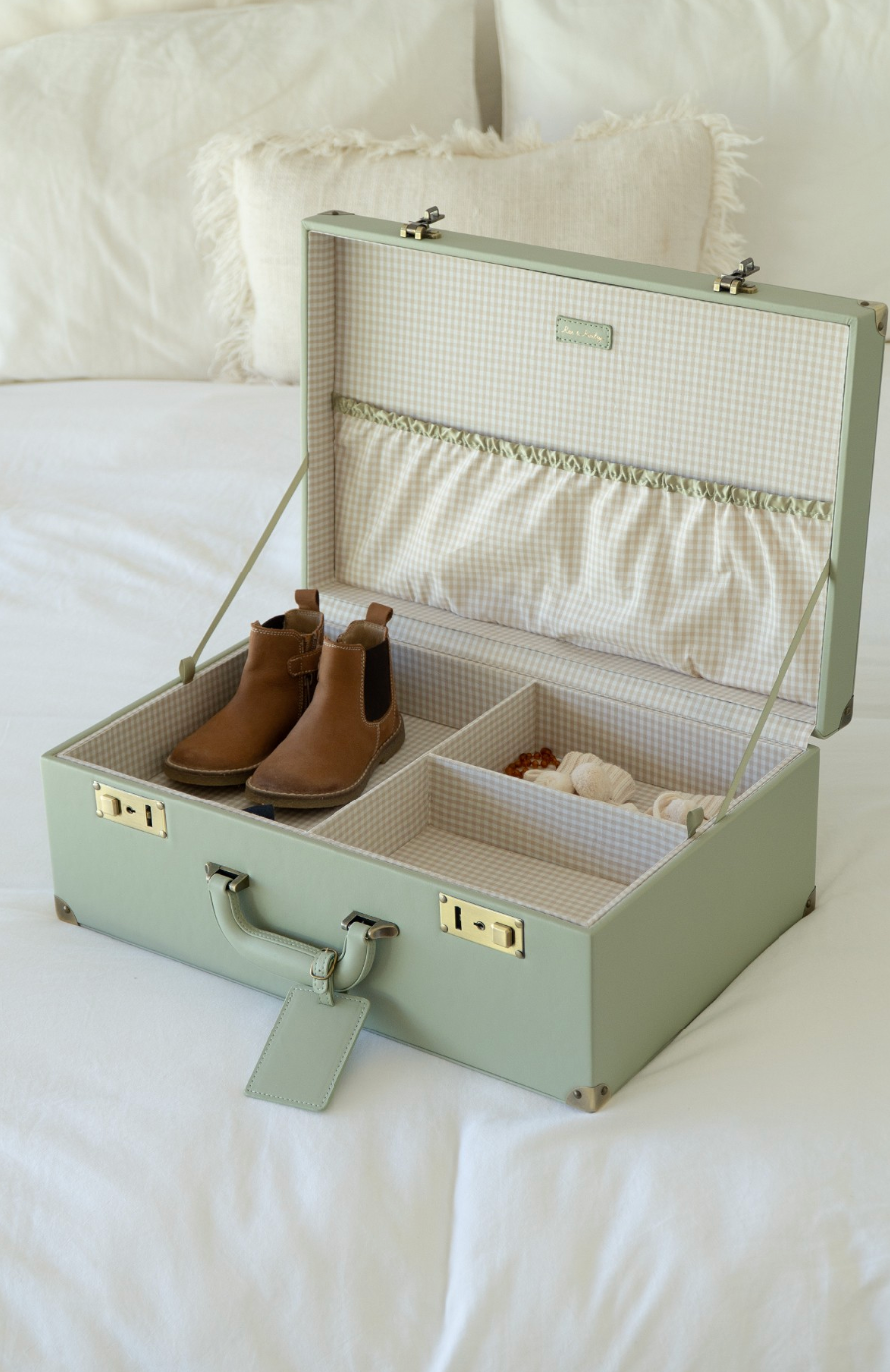 Open sage green keepsake trunk